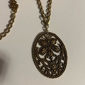 Designer Signed Accessocraft NYC Long Antique Goldtone Necklace Floral Pendant